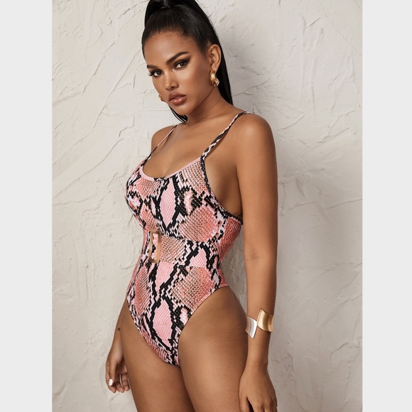 Reptile Print Pink Belted Monokini One Piece - Picture 2 of 9